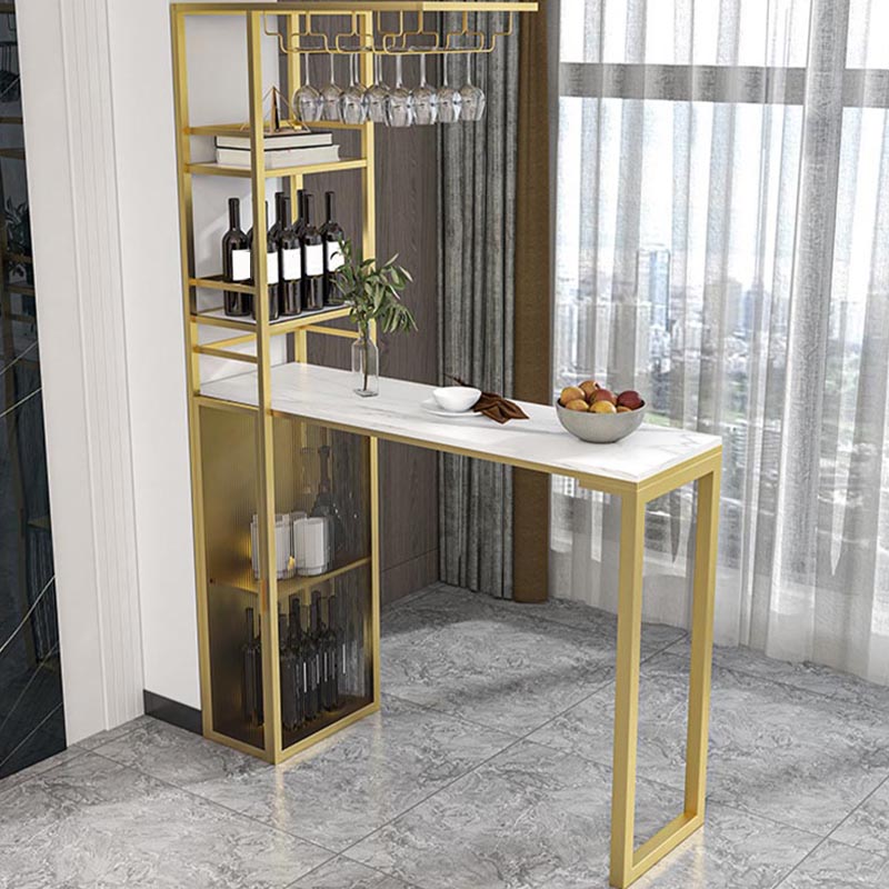Glam Pub Table with Wine Storage Rectangle Stone Top Bar Table with Metal Frame