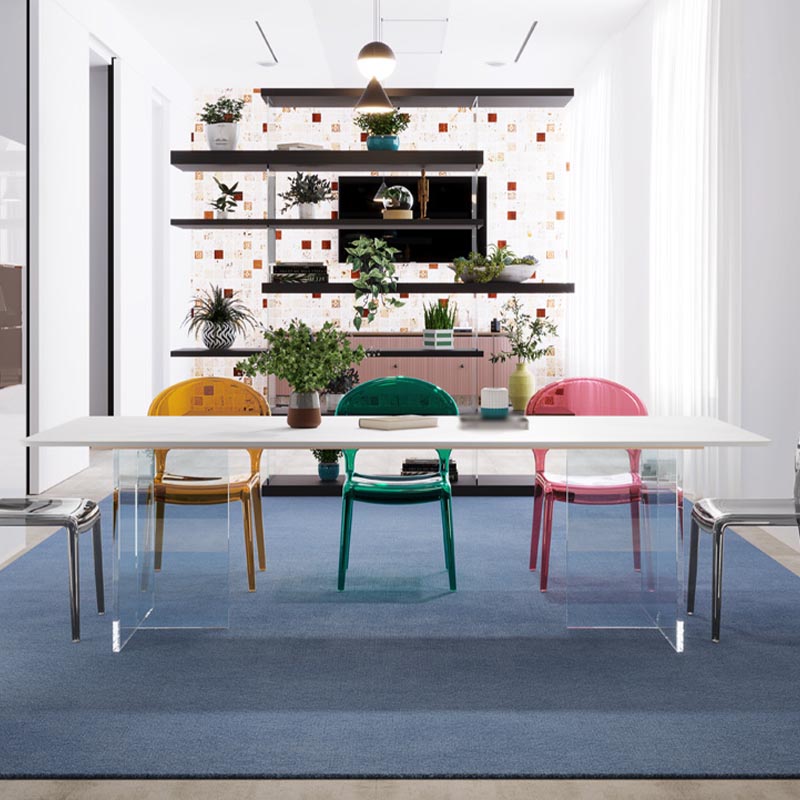 White Stone Top Dining Table Rectangle Contemporary Dining Table with Pedestal Base