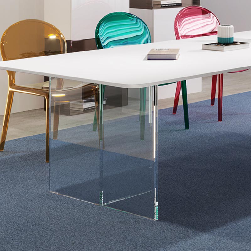 White Stone Top Dining Table Rectangle Contemporary Dining Table with Pedestal Base