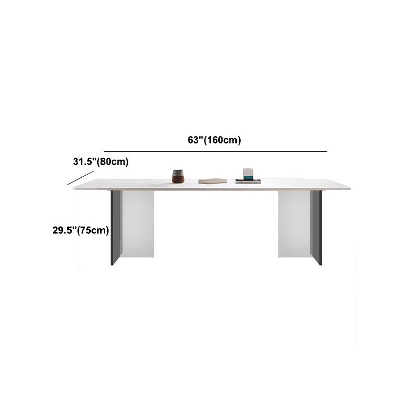 White Stone Top Dining Table Rectangle Contemporary Dining Table with Pedestal Base