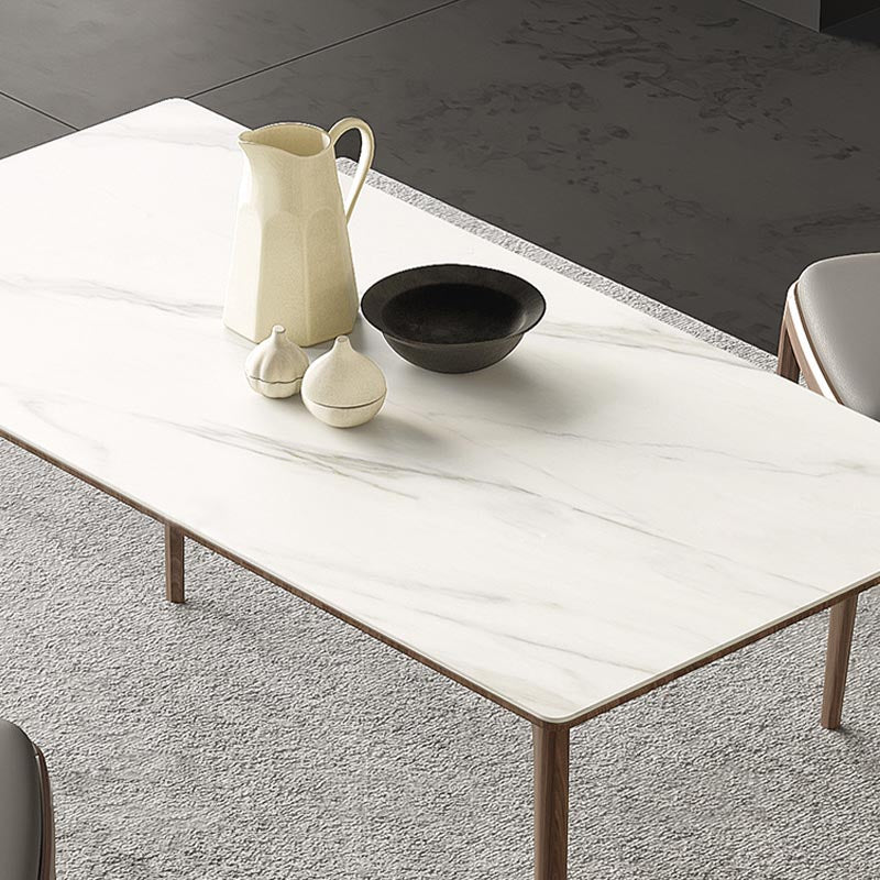 Stone Dining Table Rectangle Mid-Century Modern Table with 4 Wood Legs