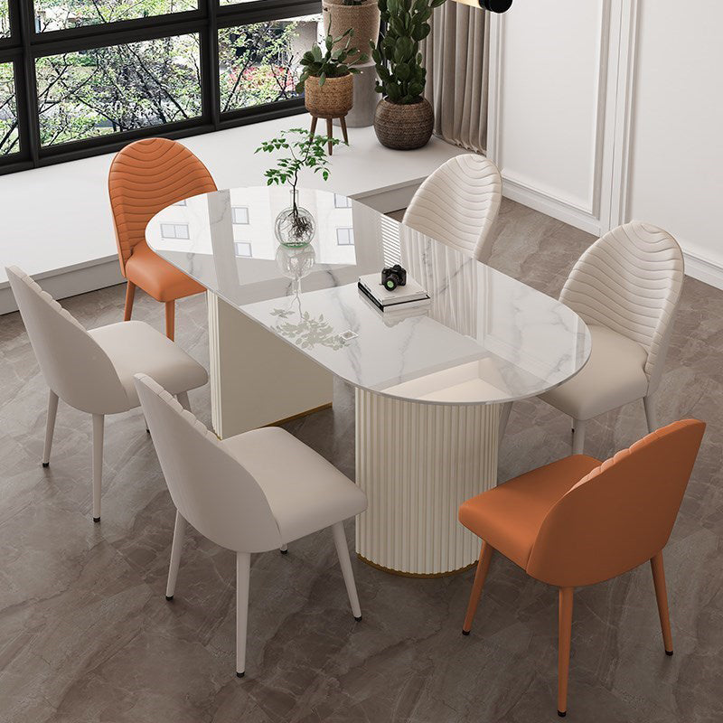 Contemporary Dining Table Stone Dining Table in White with Double Pedestal