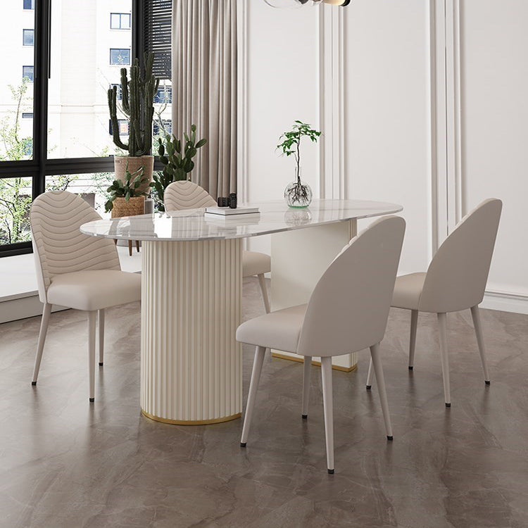 Contemporary Dining Table Stone Dining Table in White with Double Pedestal