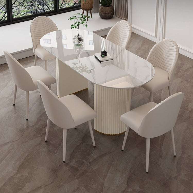 Contemporary Dining Table Stone Dining Table in White with Double Pedestal