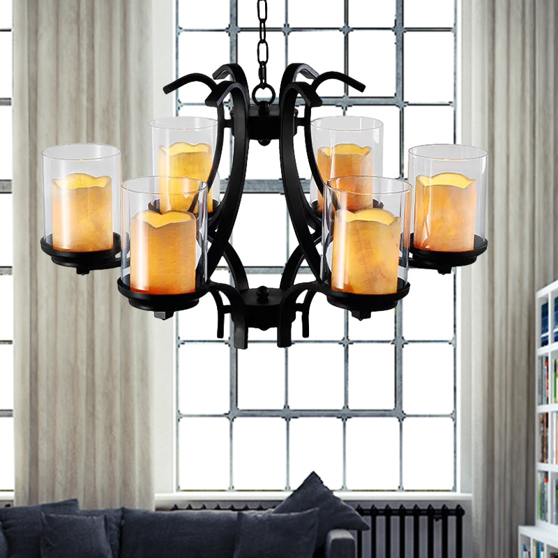 6 Lights Dining Room Ceiling Lamp Country Black Chandelier Light with Cylinder Marble and Clear Glass Shade