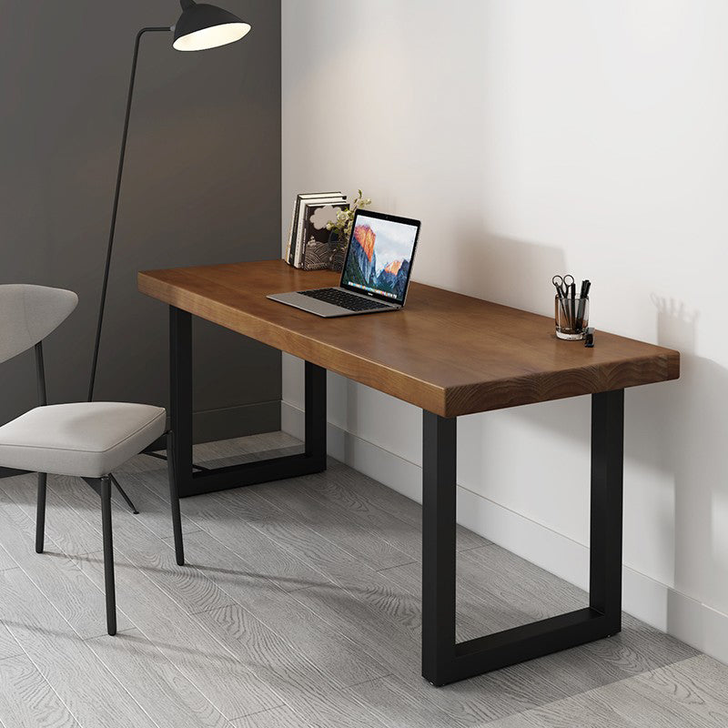 Modern Rectangular Writing Desk Brown Pine Wood Top Black Base Desk