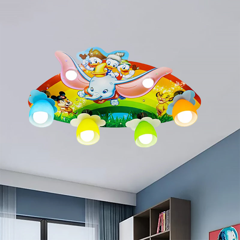Luz de montaje en techo de arcoíris de dibujos animados con oreja grande, luz de techo multicolor de madera de elefante para dormitorio de niños