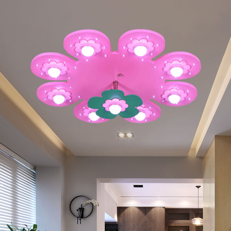 9 Lights Flower Flush Ceiling Light Kids Wood Ceiling Lamp for Nursing Room Girl Bedroom