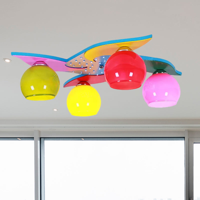 Girl Bedroom Toy Windmill Ceiling Light with Orb Shade Wood 4 Lights Cartoon Kid Ceiling Mount Light