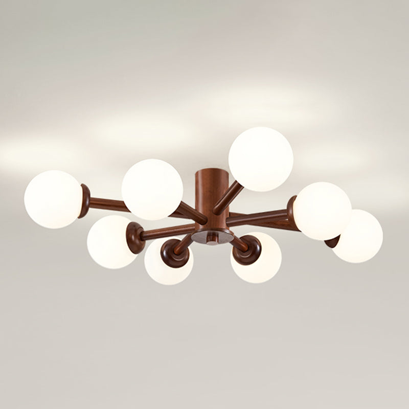 Brown Modern Ceiling Light Ball Shape Wood Flush Mount with Glass Shade for Bedroom