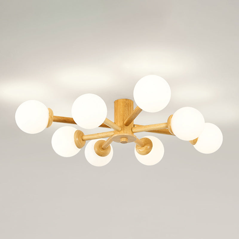 Brown Modern Ceiling Light Ball Shape Wood Flush Mount with Glass Shade for Bedroom