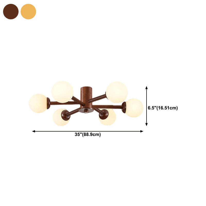 Brown Modern Ceiling Light Ball Shape Wood Flush Mount with Glass Shade for Bedroom