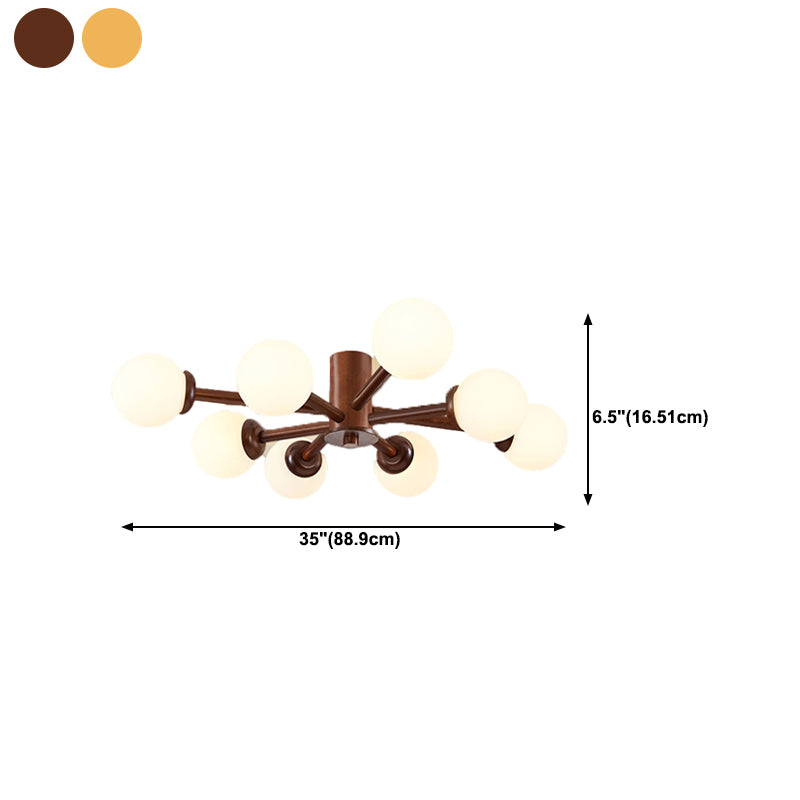 Brown Modern Ceiling Light Ball Shape Wood Flush Mount with Glass Shade for Bedroom