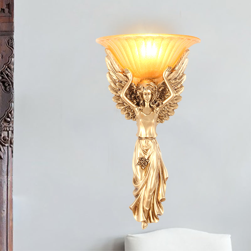 Upward Wall Sconce Frosted Glass Vintage Style Gold Resin Flared Wall Mounted Sconce with Angel Design