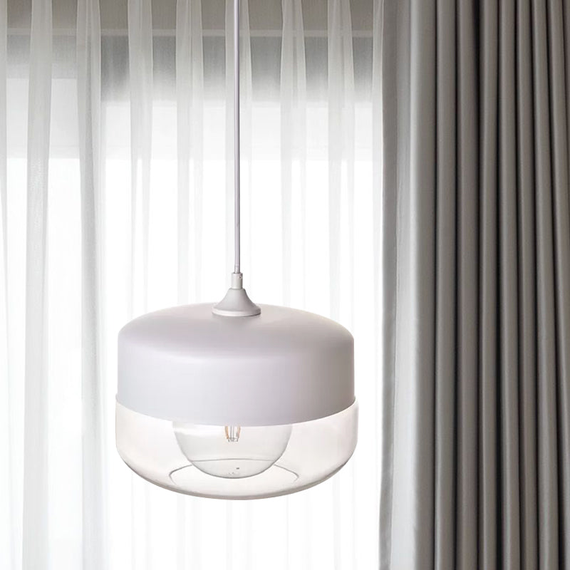 1 Head Bedroom Pendant Light Modern White Ceiling Suspension Lamp with Round Clear Glass Shade