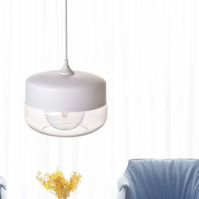 1 Head Bedroom Pendant Light Modern White Ceiling Suspension Lamp with Round Clear Glass Shade