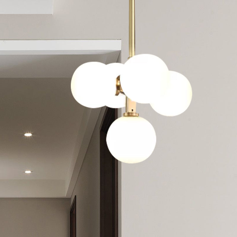 Brass Round Hanging Chandelier Modern 5 Heads White Frosted Galss LED Ceiling Pendant Light