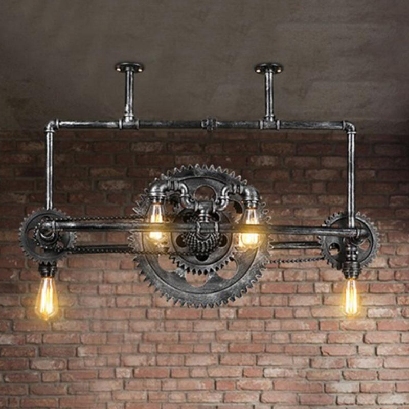 Silver Gray Open Island Light Fixture Coastal Metal 6-Light Dining Room Hanging Lamp with Gear Design