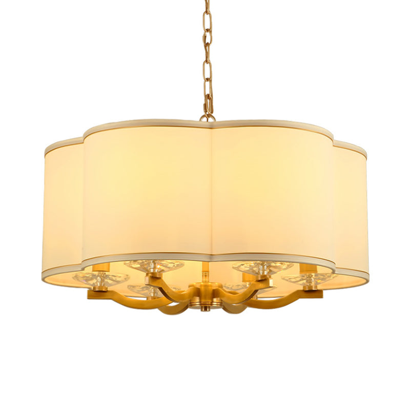White Moon Cake Shape Chandelier Lamp Traditional Fabric 6 Lights Living Room Hanging Light with Crystal Base
