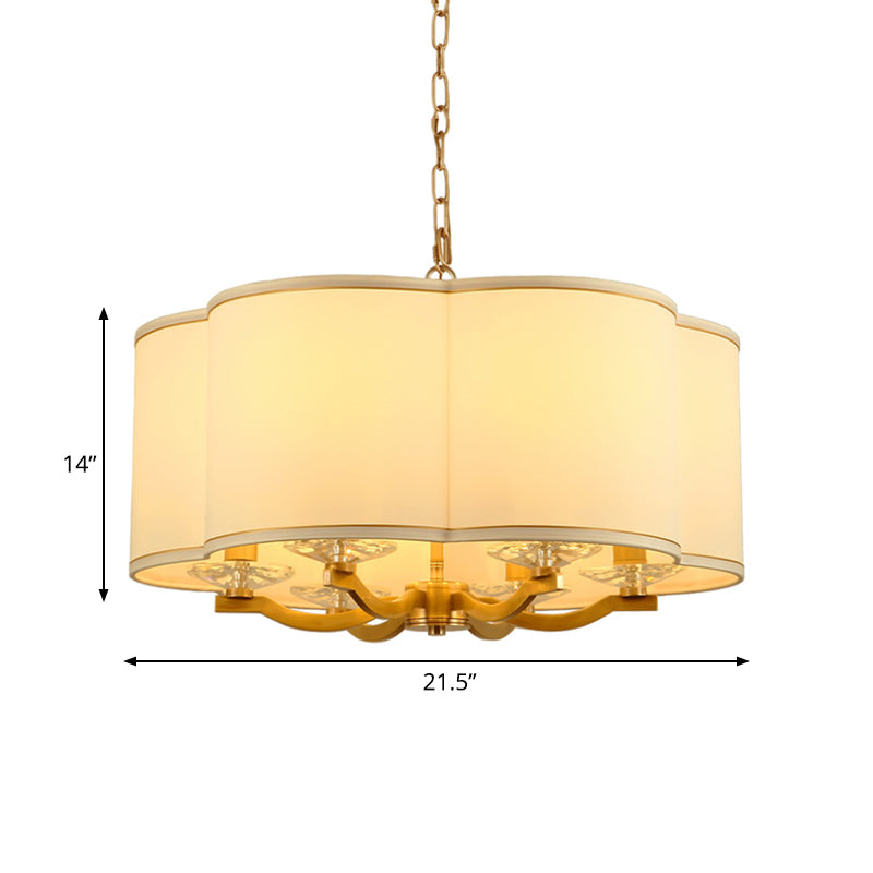 White Moon Cake Shape Chandelier Lamp Traditional Fabric 6 Lights Living Room Hanging Light with Crystal Base