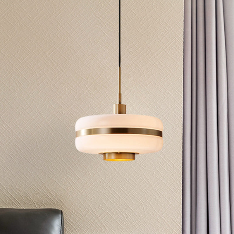 Drum Pendant Light Fixture Postmodern White Glass 1 Light Bedroom Hanging Ceiling Light
