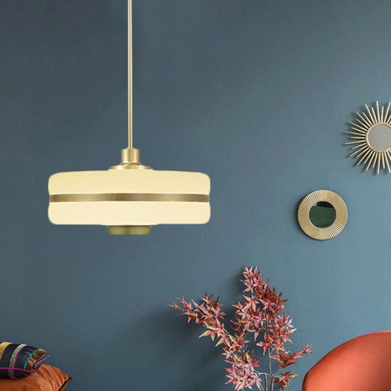Drum Pendant Light Fixture Postmodern White Glass 1 Light Bedroom Hanging Ceiling Light
