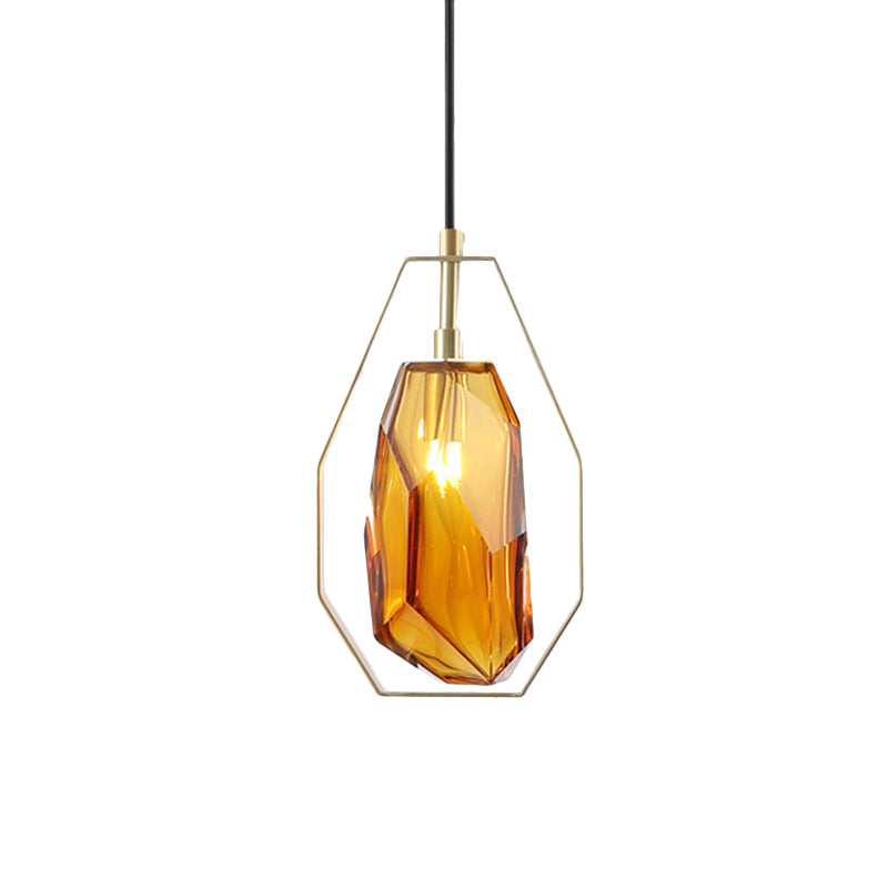 Retro 1 Head Suspended Light Smoke Grey/Cognac Glass Gemstone Pendant Lighting with Brass Frame over Table