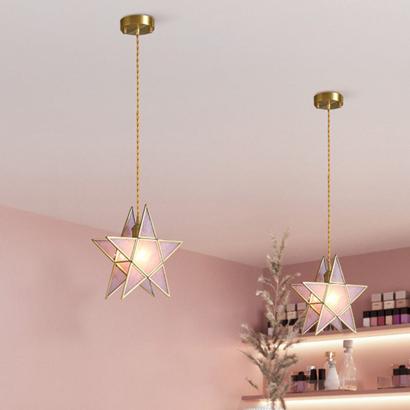 Pink Water Glass Pentacle Pendant Lamp Nordic Style 1-Light Brass Finish Ceiling Lighting Fixture