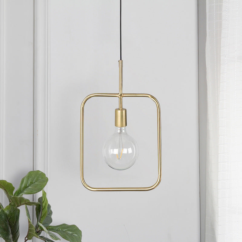 Exposed Bulb Pendant Light Fixture Contemporary Metal 1 Light Gold Square Skeleton Hanging Ceiling Light