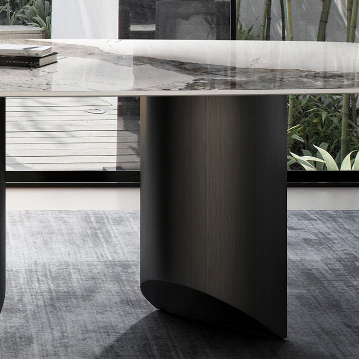 Rectangular Stone Dining Table Modern Green White Gold Furniture with Double Pedestal