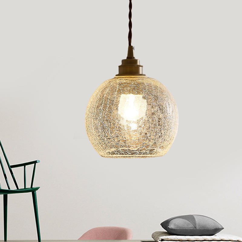 Minimalist Spherical Hanging Light Kit Translucent Crackle Glass 1-Light Dining Room Pendant Lighting Fixture
