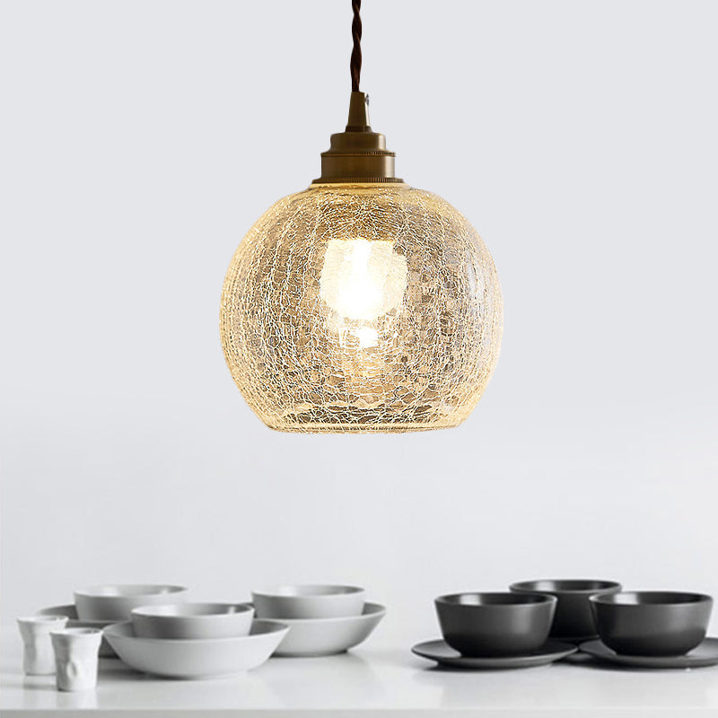 Minimalist Spherical Hanging Light Kit Translucent Crackle Glass 1-Light Dining Room Pendant Lighting Fixture