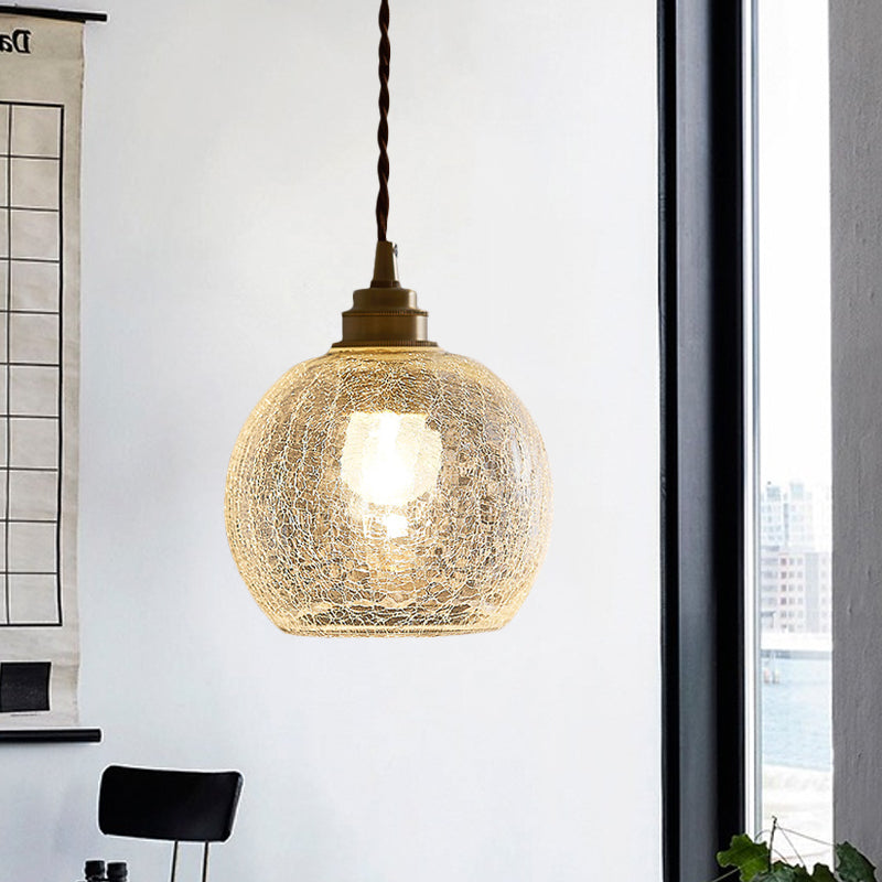 Minimalist Spherical Hanging Light Kit Translucent Crackle Glass 1-Light Dining Room Pendant Lighting Fixture