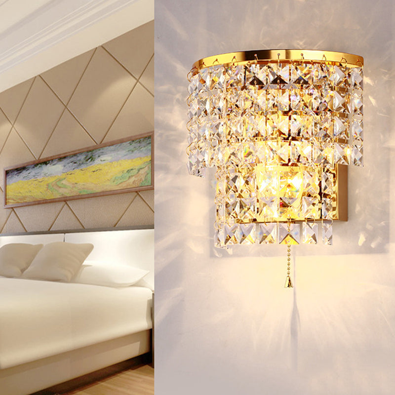 Doppelschicht geschichteter Wandleuchter leichter Vintage -Stil klarer Kristall 1 Leichte Chrom/Gold -Wandmontagelampe mit quadratischer Form, 7 "/10" W.