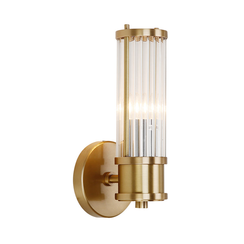 1/2-Light Corridor Wall Light Fixture Modernist Stylish Golden Wall Sconce with Cylindrical Clear Crystal Shade