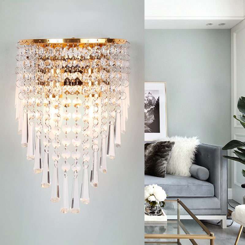 Layered Wall Light Modernism Style Clear Crystal 2 Bulbs Living Room Wall Sconce Lamp in Gold