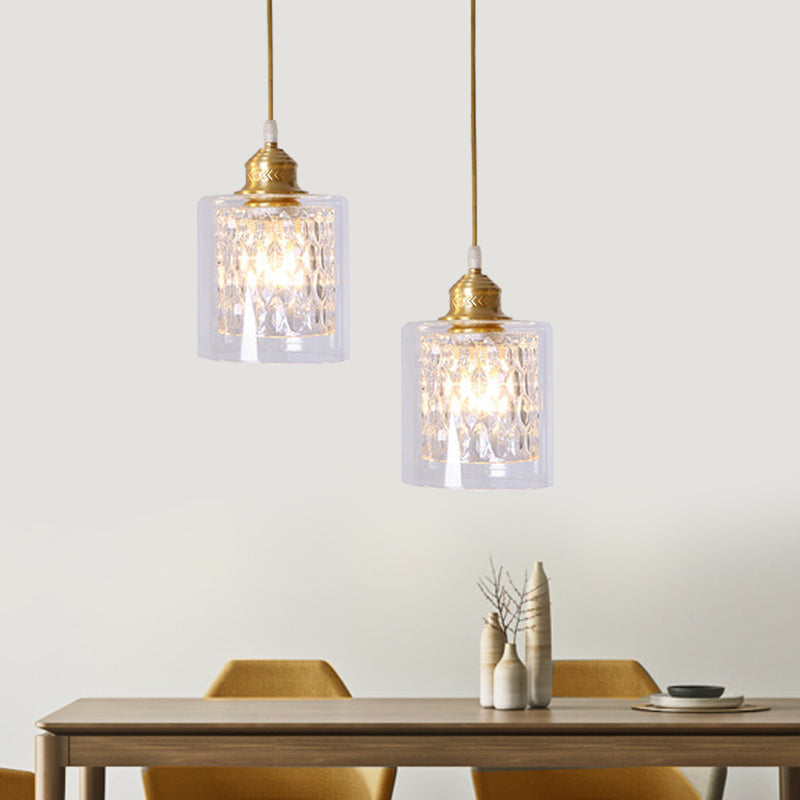 Modern 1 Light Pendant Light with Double Clear Glass Shade Brass Cylinder Hanging Ceiling Light