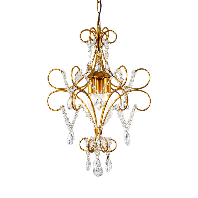Gold Bent Arm Frame Chandelier Light Modern 3 Lights Iron Hanging Ceiling Light with Glass Strand