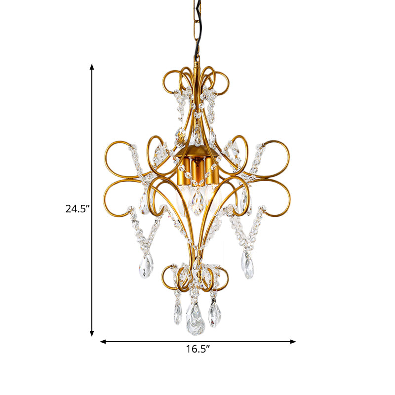Gold Bent Arm Frame Chandelier Light Modern 3 Lights Iron Hanging Ceiling Light with Glass Strand