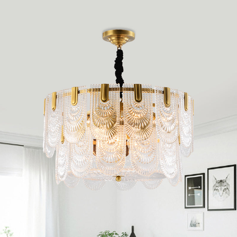 Textured Glass Layered Hanging Ceiling Light Modernism 3/8 Lights Chandelier Light in Brass