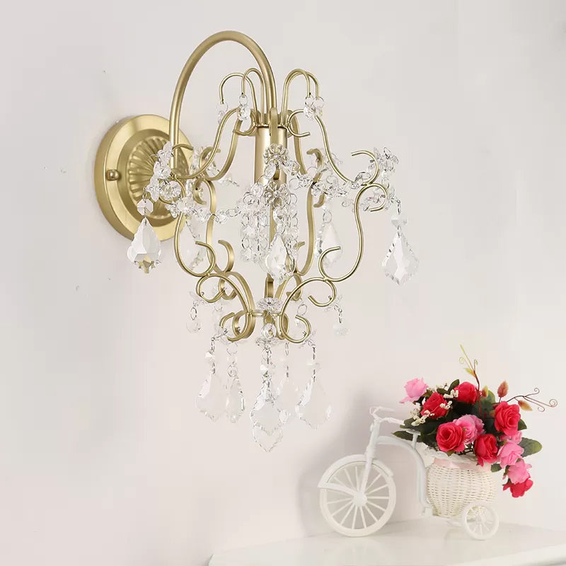 Bent Arm Frame Wall Mount Lamp Rustic Metal 1 Light Gold Sconce Light with Crystal Accent