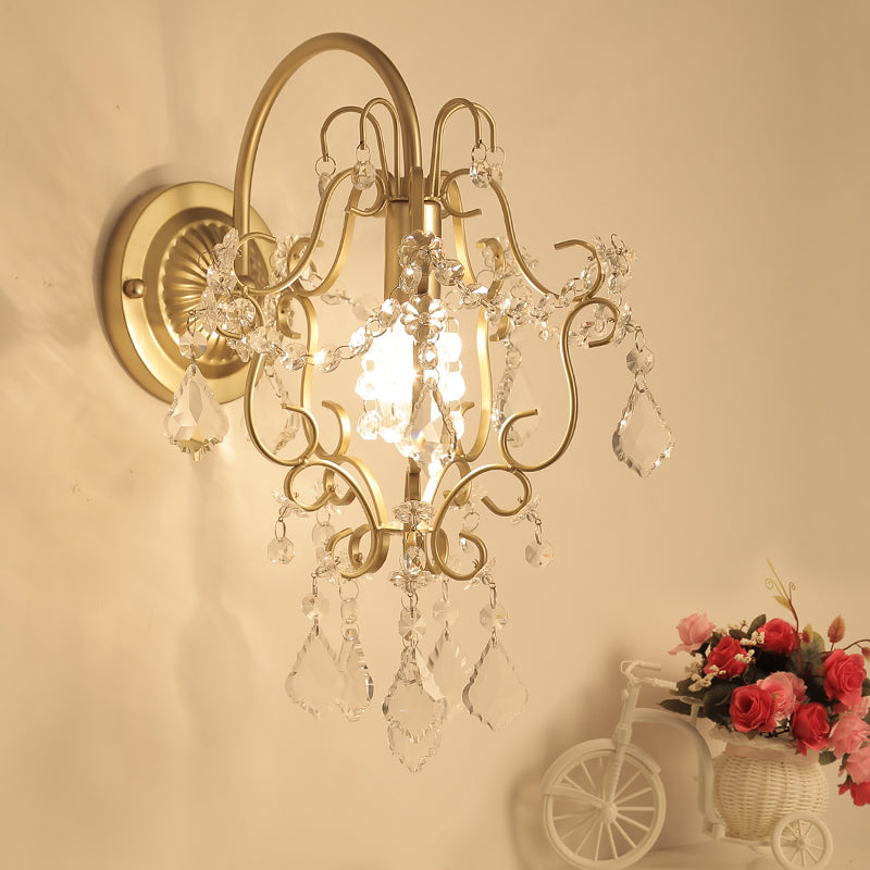 Bent Arm Frame Wall Mount Lamp Rustic Metal 1 Light Gold Sconce Light with Crystal Accent