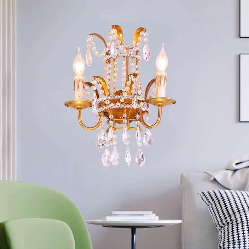 Clear Crystal Beaded Sconce Lighting Vintage Style 2 Heads Brass Wall Lamp with Open Bulb for Bedroom