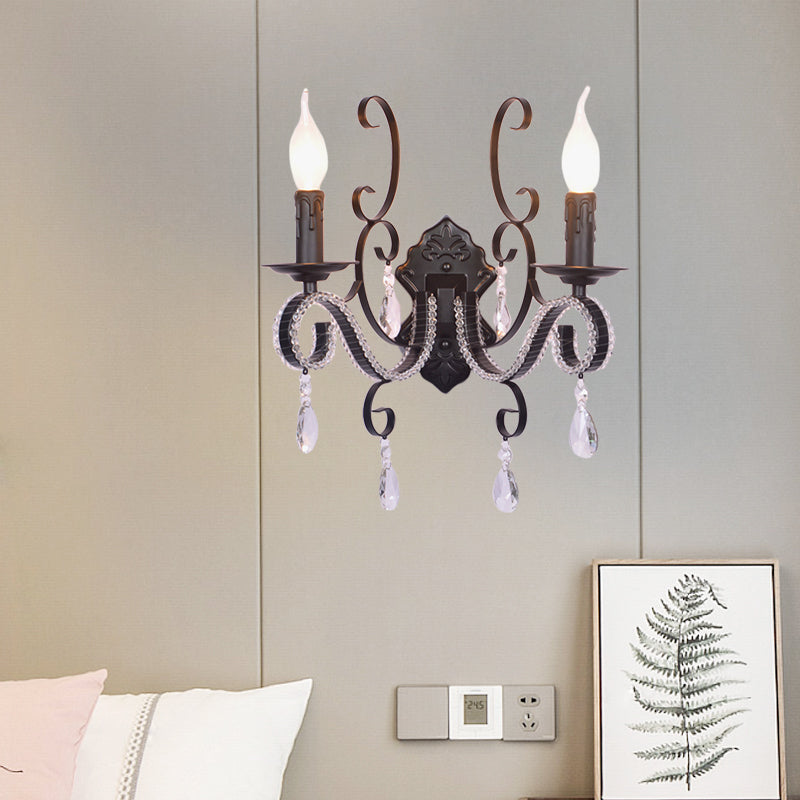 Métal de lampe murale à la bougie vintage Métal de 1/2 tampon Lumière murale de chambre à coucher avec accent en cristal transparent en finition noire