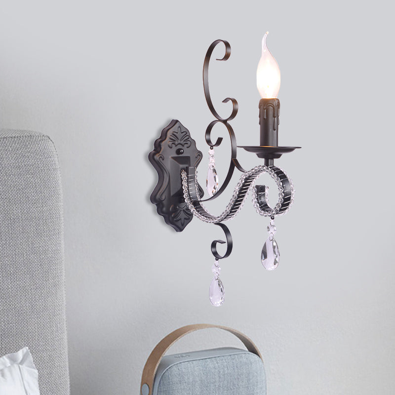 Métal de lampe murale à la bougie vintage Métal de 1/2 tampon Lumière murale de chambre à coucher avec accent en cristal transparent en finition noire