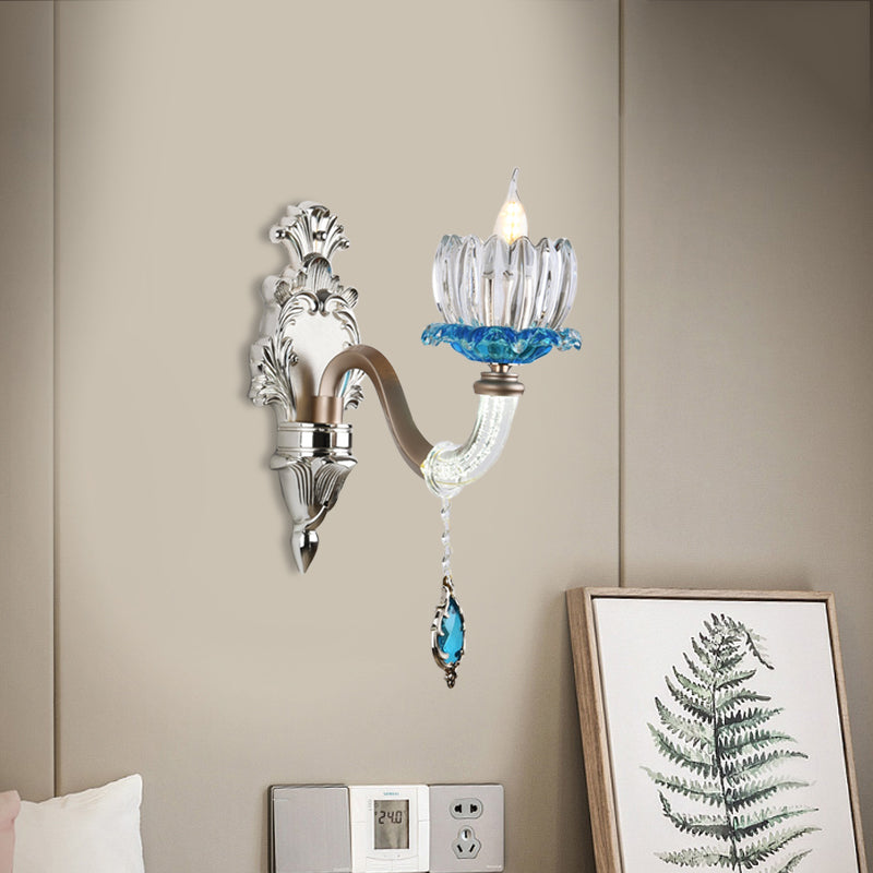 Clear Glass Floral Wall Light Modern Style 1/2-Light Chrome Finish Sconce Lamp with Metal and Crystal Arm