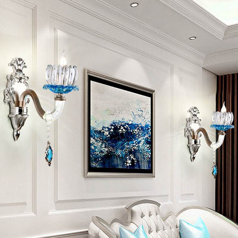 Clear Glass Floral Wall Light Modern Style 1/2-Light Chrome Finish Sconce Lamp with Metal and Crystal Arm