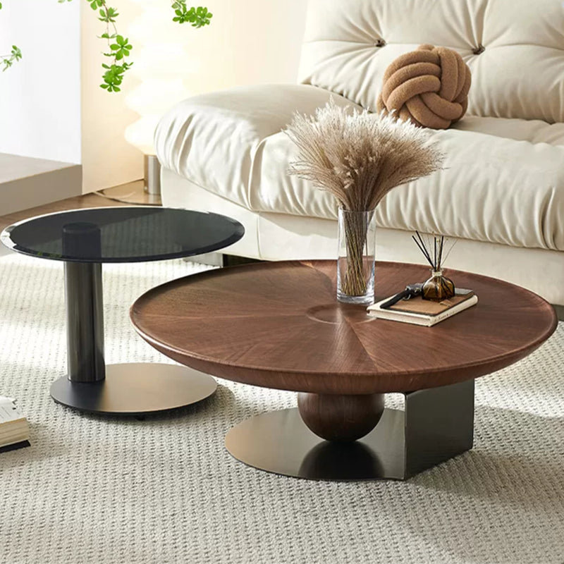 Modern Style Wood Table with Round Black Metal Abstract Base Coffee Table