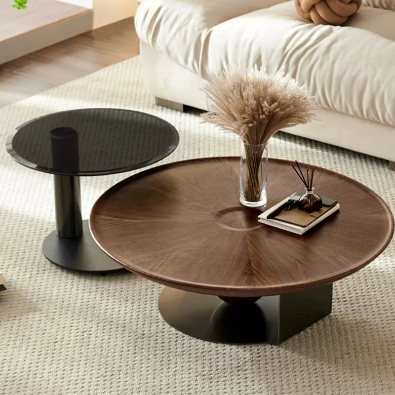 Modern Style Wood Table with Round Black Metal Abstract Base Coffee Table