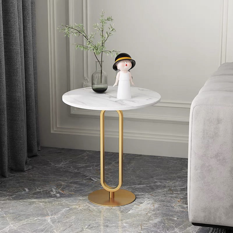 Modern Style Metal Black/gold Base Rock Slab Black/white Top Round Side Table